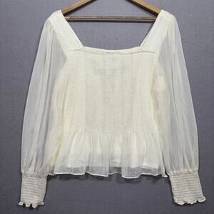 Nine West Sheer Blouse‎ XXL White Cream Ruched Sleeve Romantic Boho Poet Top